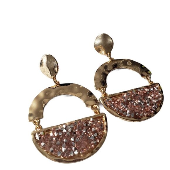 Women Gold Peach Faceted Half Circle Dangle Drop Post Back Party Casual Earrings - Picture 5 of 6